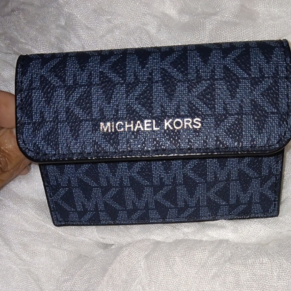 Michael Kors Navy Blue MK Logo Wallet with Silver Logo